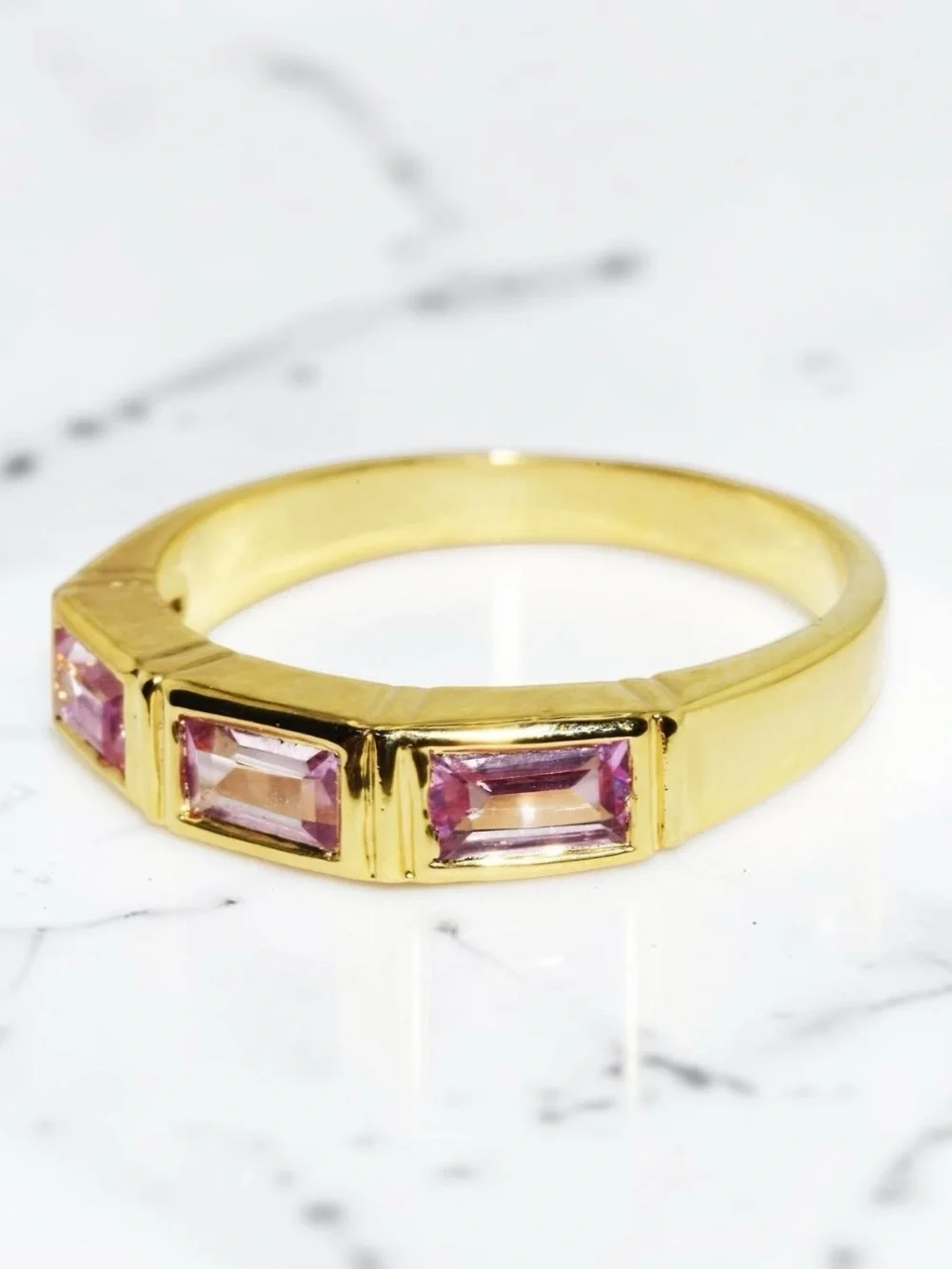 Pink Sapphire 3 Stone Band Gold Over Sterling Silver Lab Created Emerald Cut